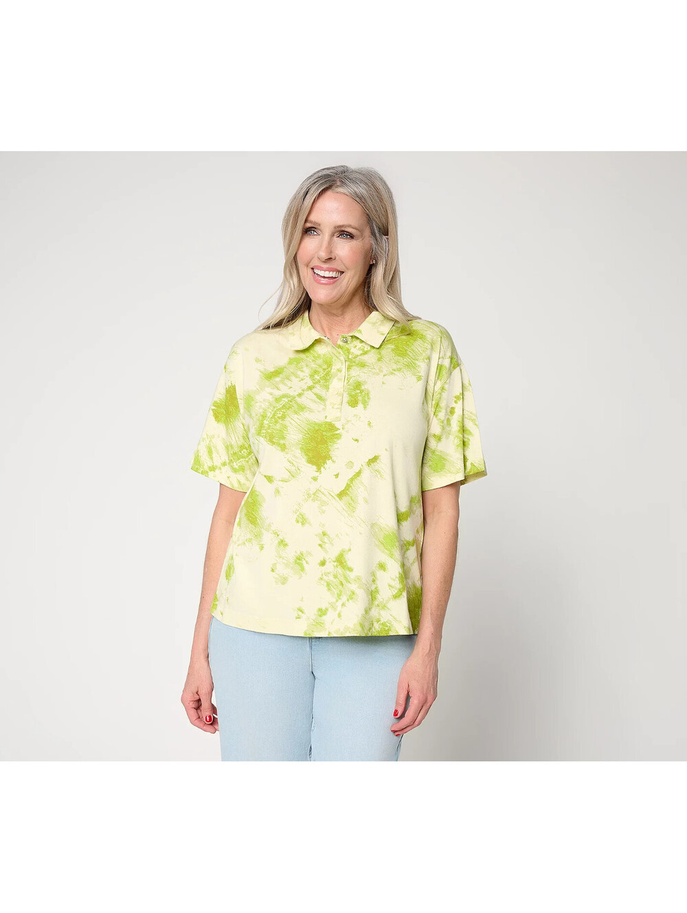 LOGO by Lori Goldstein Printed Dye Effect Polo Top Pastel Yellow, Size X-Small